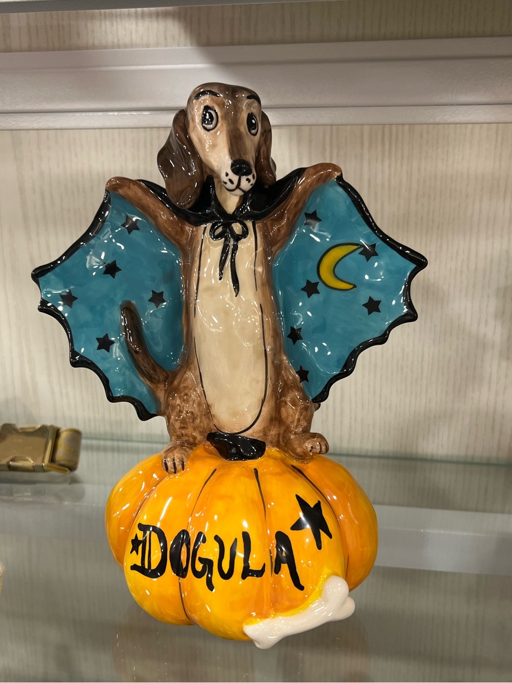 Blue Sky Dachshund Doxie on Pumpkin Dogula Halloween Table Decor
